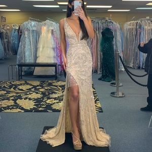 Gold Fringe Pageant Dress with Slit